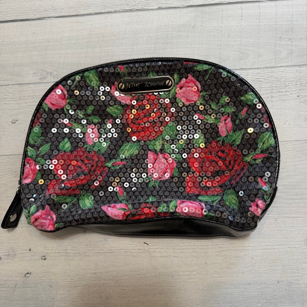 Betsey Johnson Rose Pattern Sequin Cosmetic Bag/Pouch